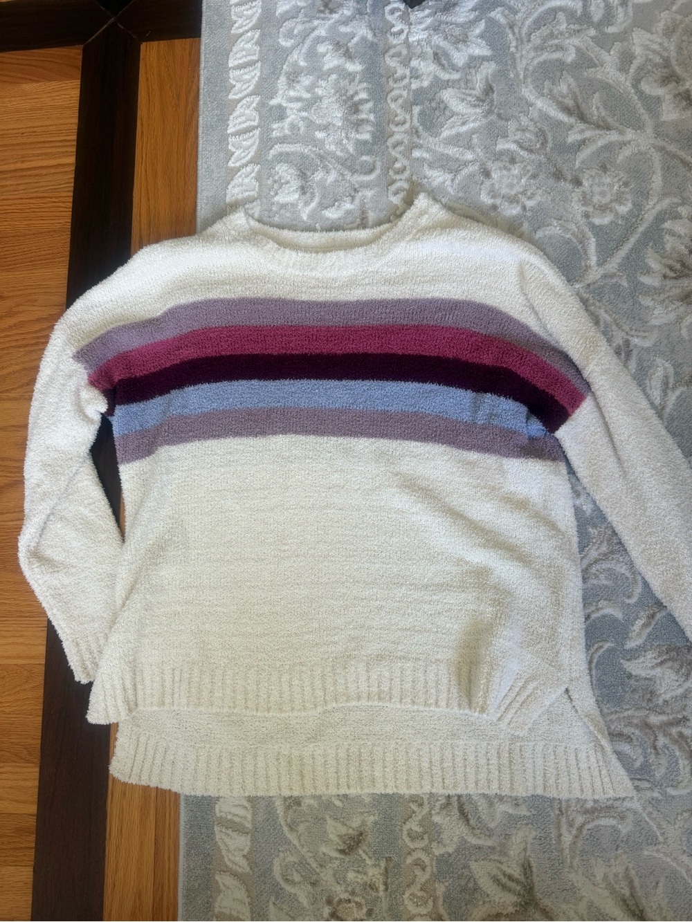 Maurices Cream Crewneck Sweater with Pink, Purple and Blue Stripes